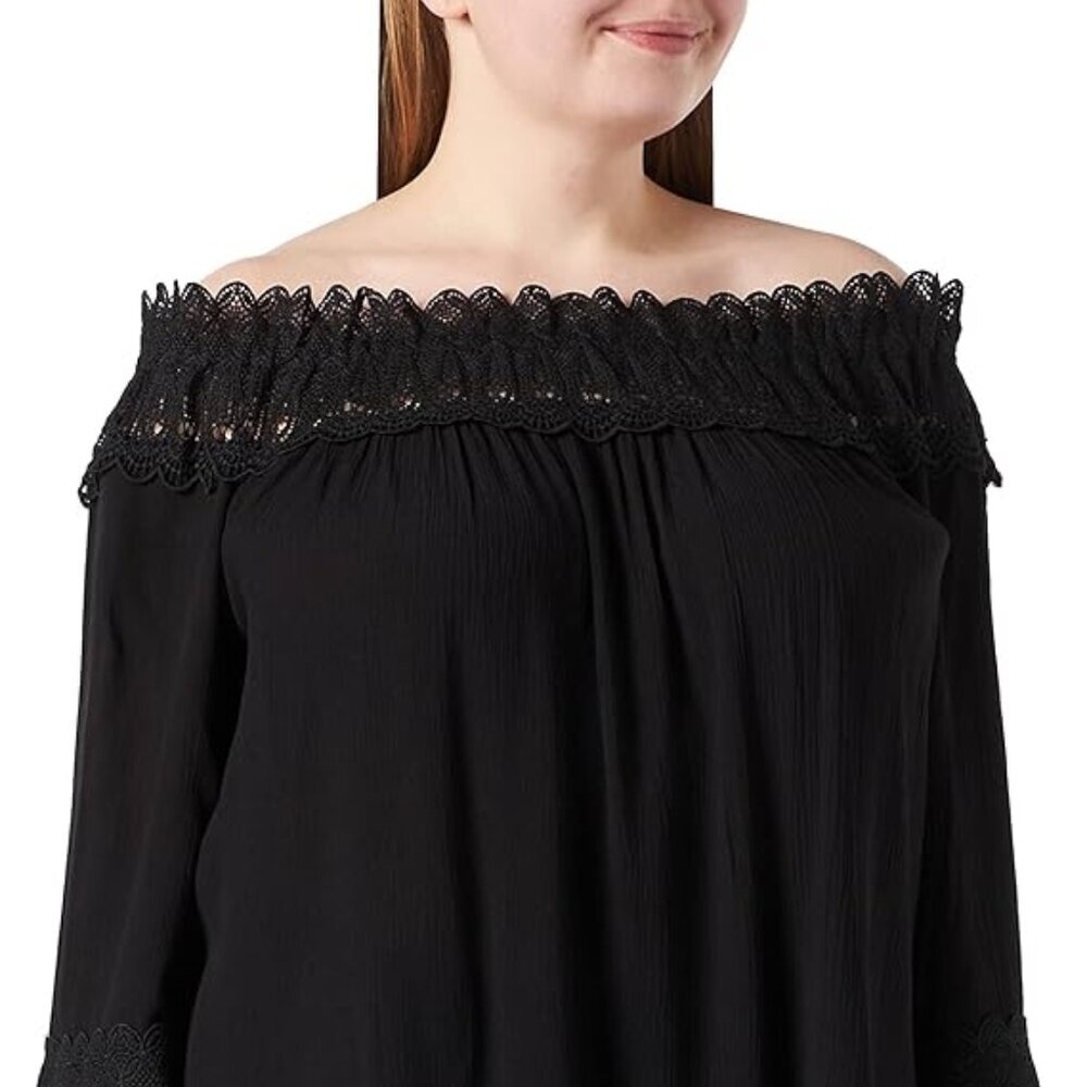 Cream Off Shoulder boat neck  lace trim  black Bea blouse  size 38